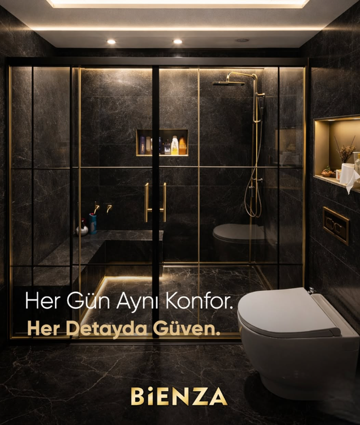 Bienza füme cam altın profilli lüks duşakabin uygulaması